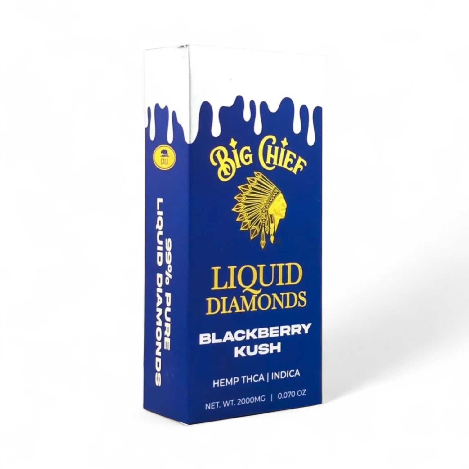 Blue packaging of 'Big Chief Liquid Diamonds' with branding and product details on a white background