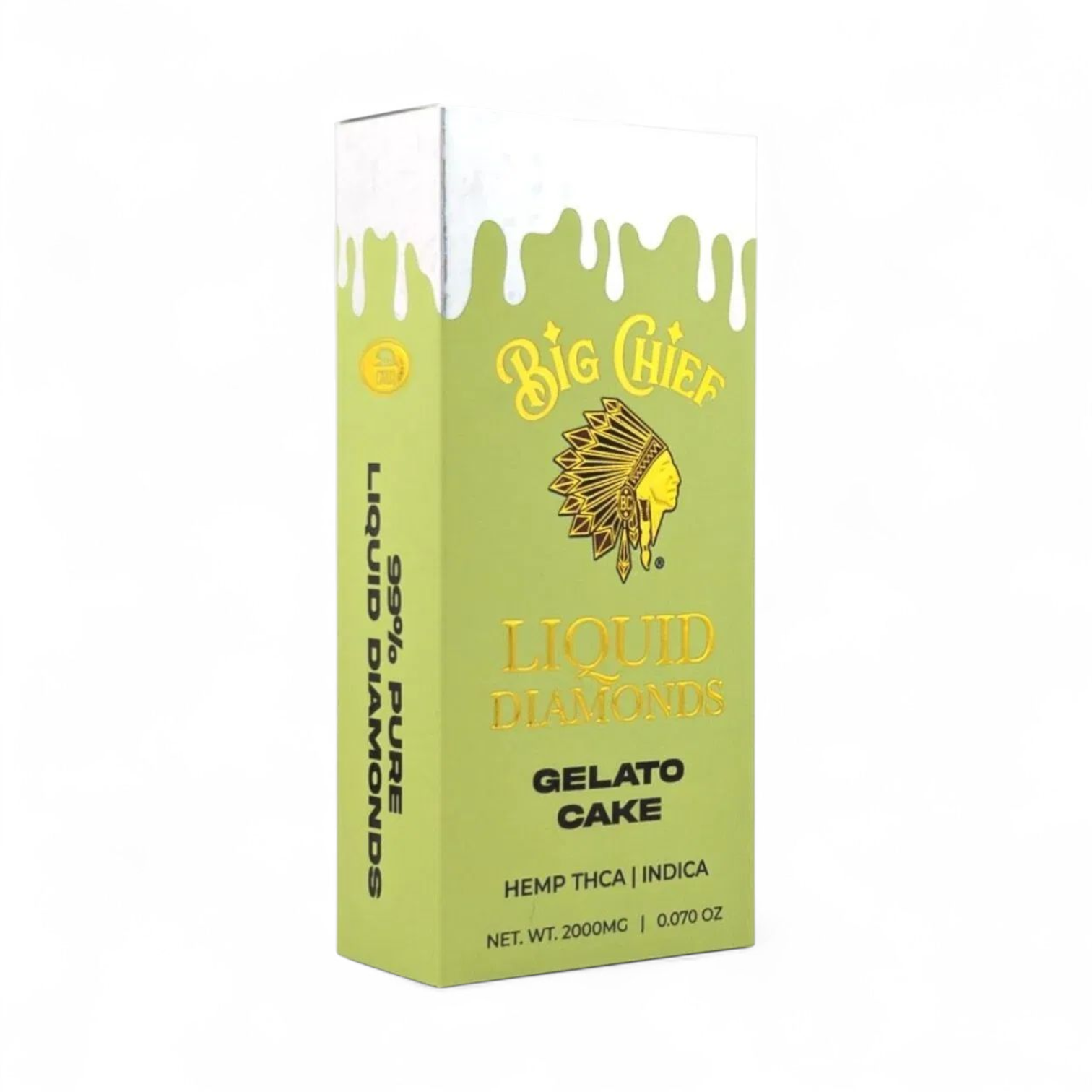 Green packaging of Big Chief Liquid Diamonds Gelato Cake on a white background
